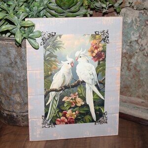 NEW Colorful Shabby White Cockatoo Bird & Tropical Floral Wall Decor Art